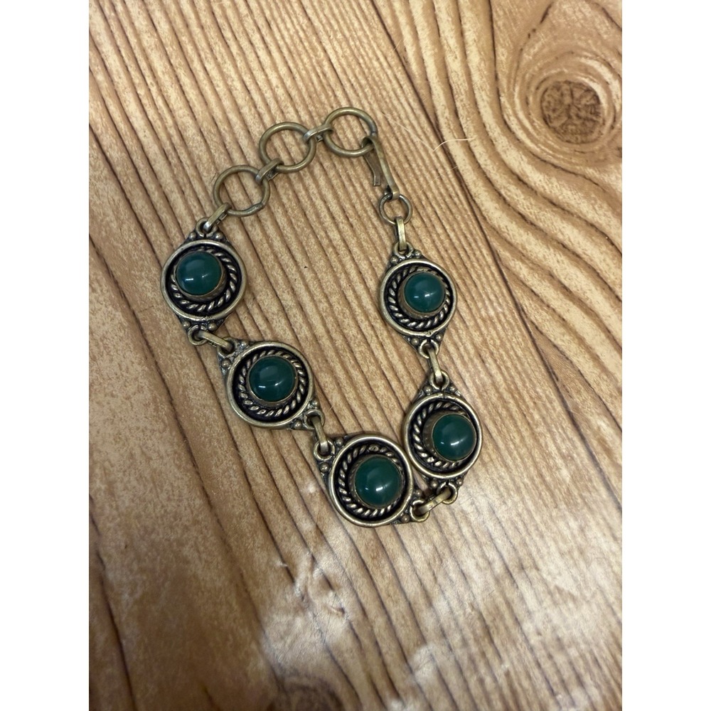 Vtg Green Gemstones Striped Brass Link‎ Bracelet Bohemian Southwestern